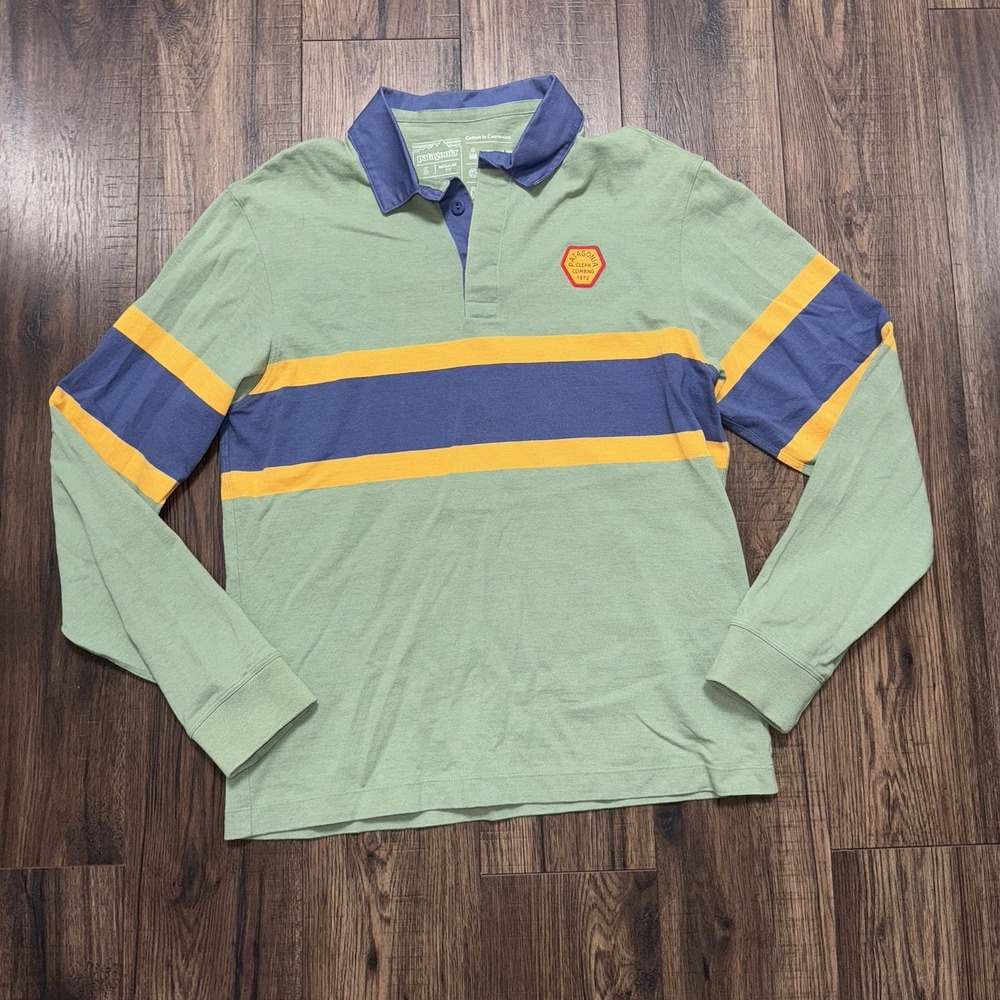 Patagonia Men's Small Long Sleeve Clean Climbing Rugby Shirt Striped Green Blue